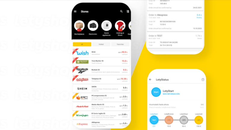 Aplikacja LetyShops na ekranie smartfona, ekrany prezentują różne opcje dotyczące cashbacków