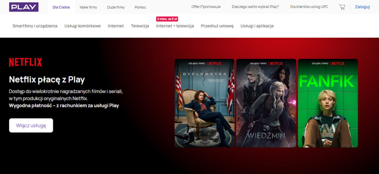 zdjecie strony internetowej Play pokazującej jak korzystać z funkcji Zapłać za Netflix z Play