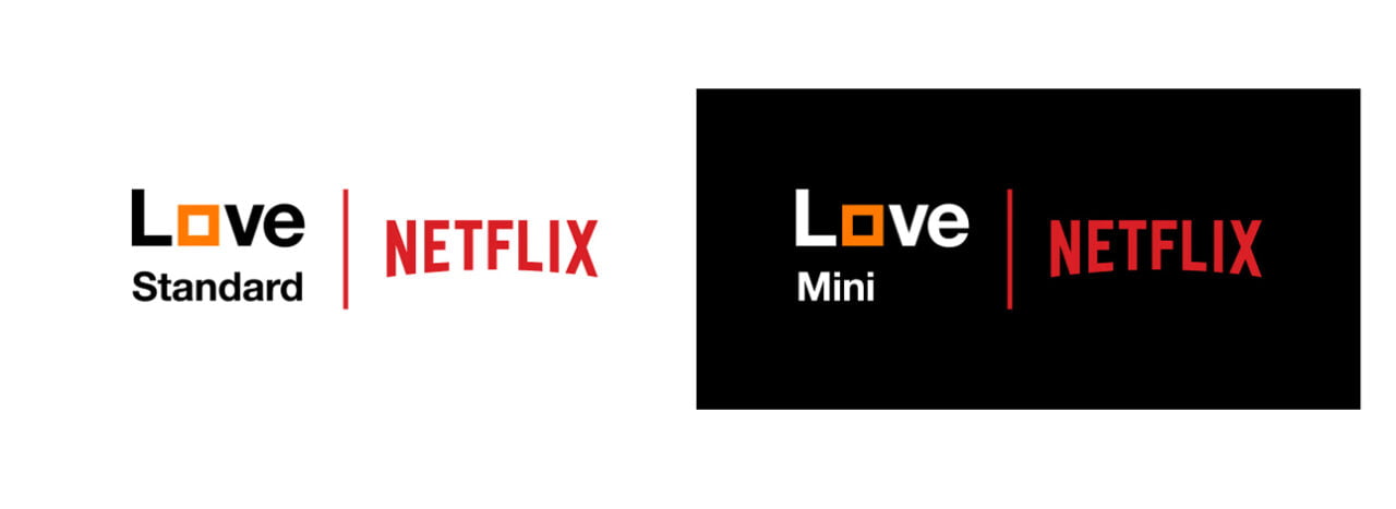 logotypy Orange i Netflix na białym i czarnym tle pokazujące opcje pakietów Orange Love