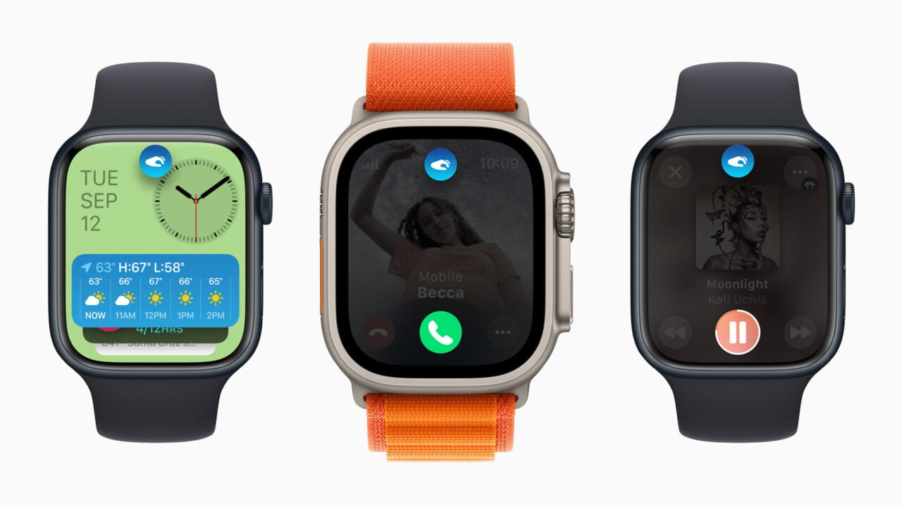 Smartwatch Apple Watch Series 9 oraz Apple Watch Ultra 2 widziany od frontu w trzech wersjach z ekranem na którym widać gest dwukrotnego stuknięcia
