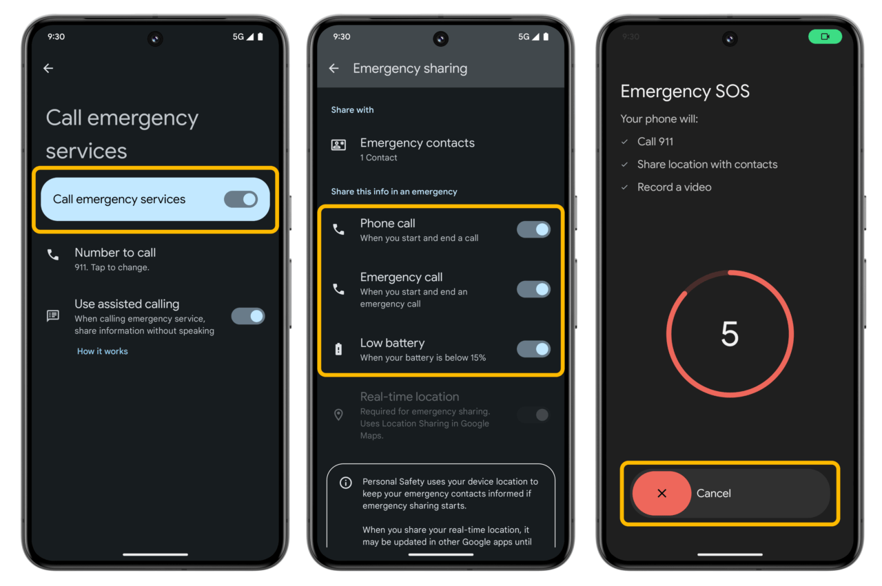 Zrzut ekranu trzech interfejsów smartfona z funkcjami bezpieczeństwa: 1) opcja wywołania służb ratunkowych, 2) ustawienia udostępniania w sytuacjach awaryjnych, 3) ekran SOS z odliczaniem od pięciu do automatycznego wywołania pomocy.