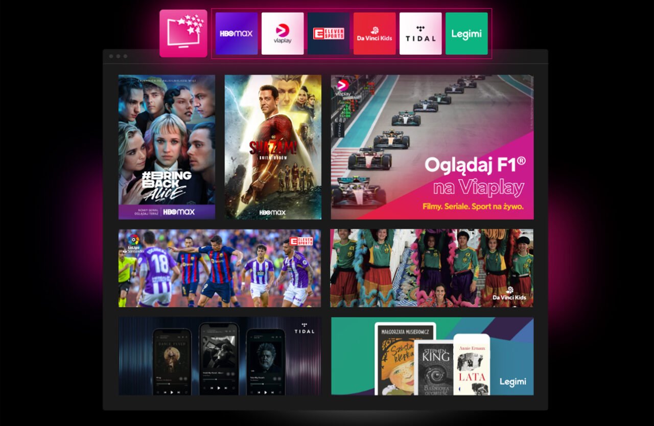 widok strony T-Mobile dla oferty Rozrywka bez ograniczeń. Poszczególne ikony serwisów streamingowych jak HBO Max, Viaplay i Tidal