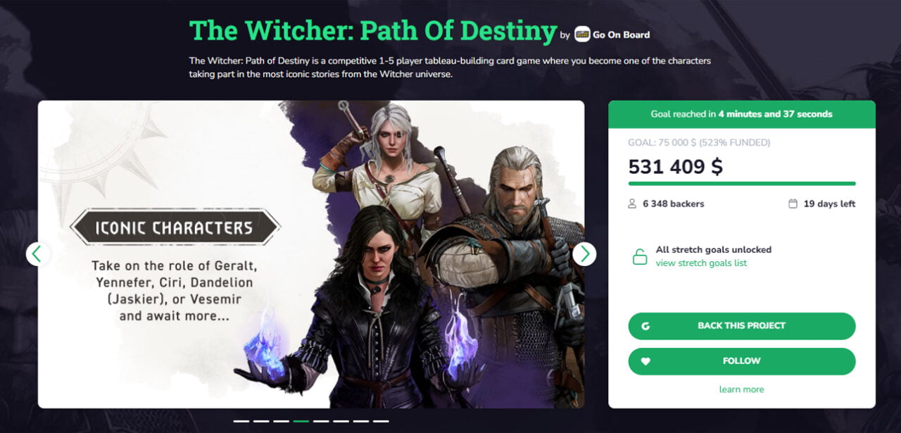 Widok na stronę GameFound z kampanią wspierającą grę Wiedźmin: Ścieżka przeznaczenia oraz zebranymi pieniędzmi