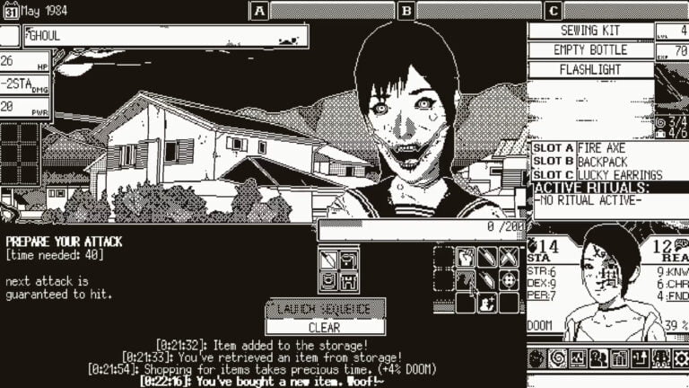 Screenshot z gry World of Horror - polskiej gry 1-bitowej