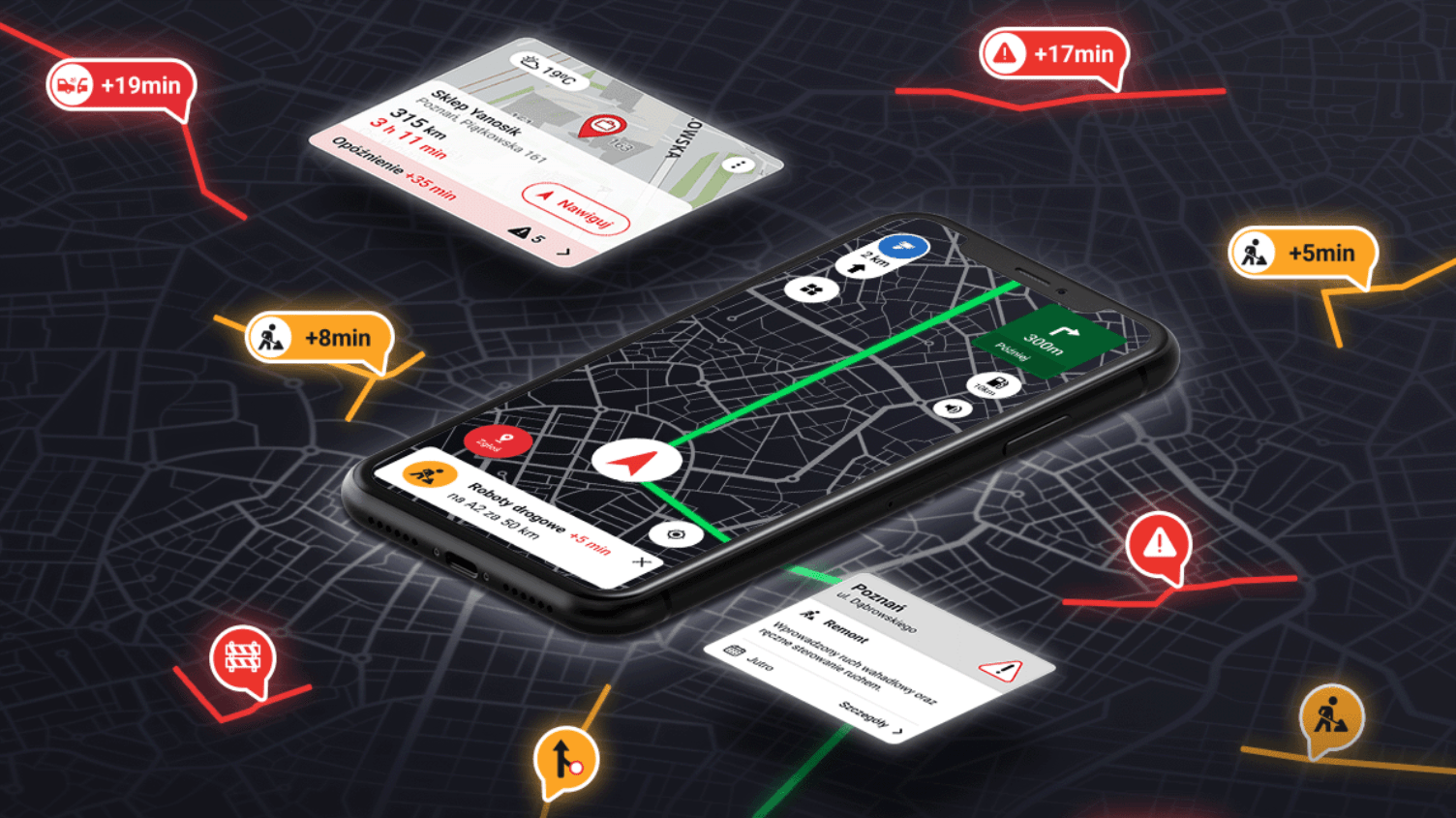 Ilustracja przedstawiająca smartfon z otwartą aplikacją nawigacji GPS, która wyświetla mapę z zaznaczonymi opóźnieniami w ruchu drogowym i komunikatem miejskim, otoczona dodatkowymi kartami informacyjnymi z czasami dojazdu oraz ikonami komunikacji miejskiej i ostrzeżeń.