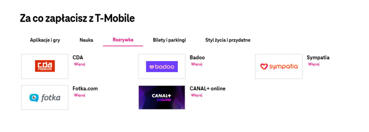 fragment strony internetowej T-Mobile z widokiem na ikony streamingów w opcji Zapłać z T-Mobile