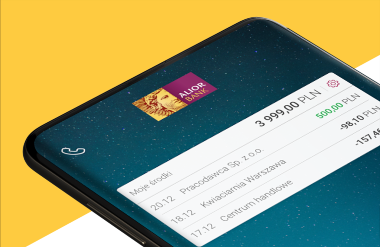 Ekran smartfona z aplikacją bankową Alior Bank wyświetlającą saldo i listę ostatnich transakcji.
