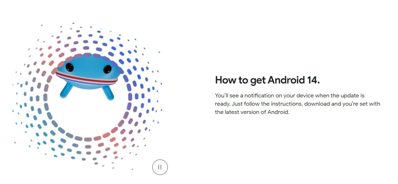 Animowana postać robota przypominającego androida na tle kolorowych linii tworzących spiralę, obok tekstu "How to get Android 14" w języku angielskim.