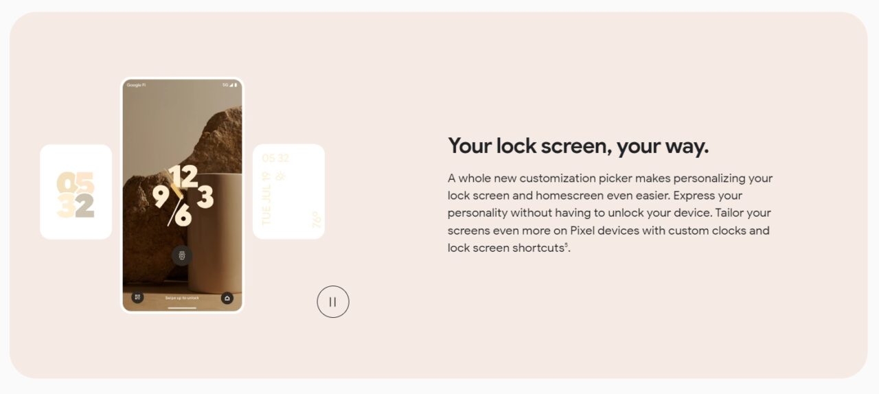 Ekran blokady smartfona z niestandardowym wyglądem zegara, obok reklamowy tekst promujący personalizację ekranu oraz skróty.