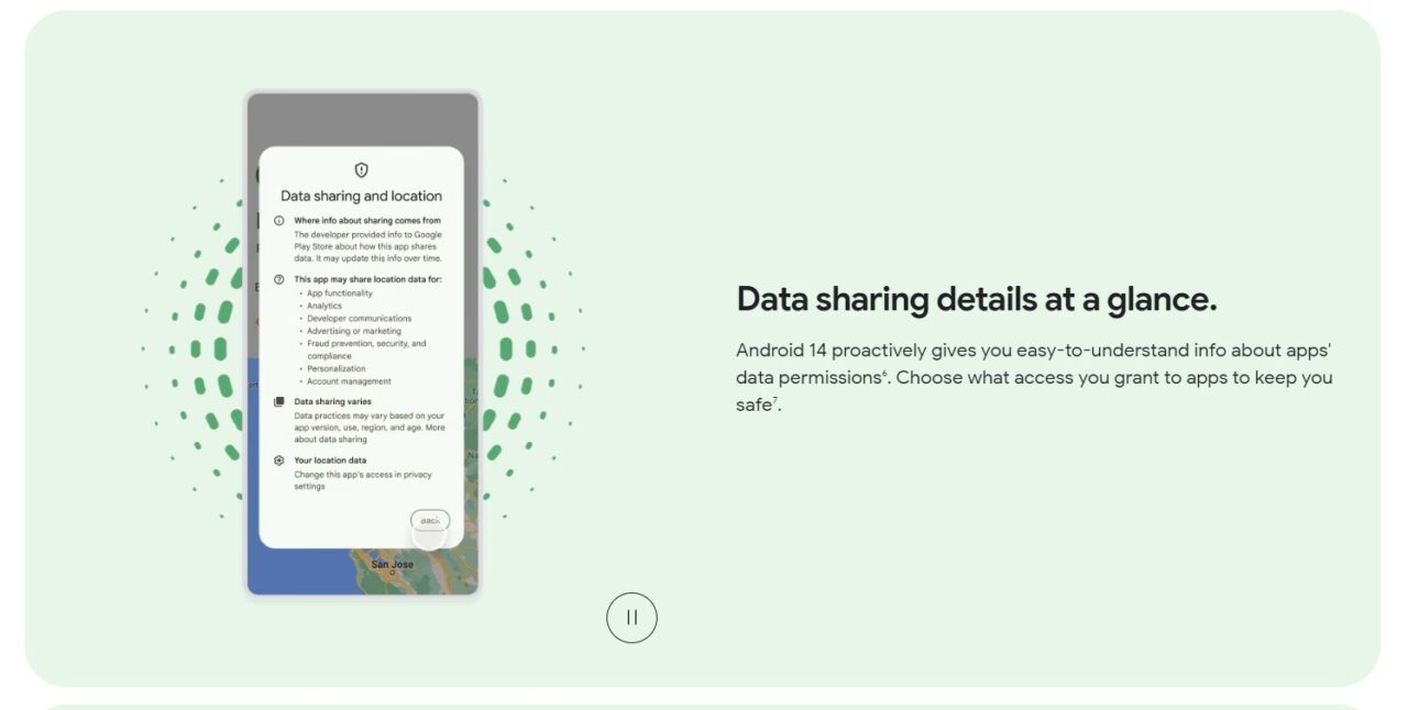 Ilustracja prezentująca smartfon wyświetlający szczegóły udostępniania danych z systemem Android 14, otoczony przez zielone abstrakcyjne kształty na jasnozielonym tle, z tekstem opisującym wygląd i funkcje danych udostępniania aplikacji.