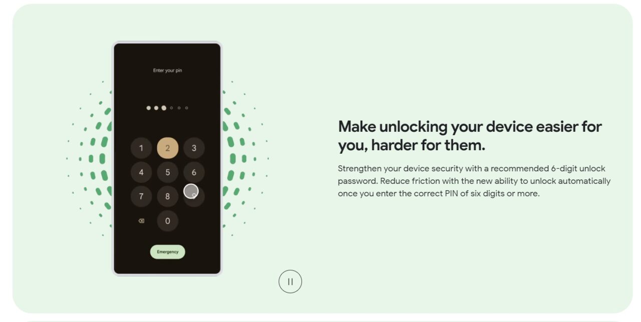 Grafika przedstawia smartfon z ekranem blokady wymagającym wpisania PIN-u, obok znajduje się tekst promujący łatwe odblokowywanie urządzenia dla użytkownika i trudniejsze dla innych, z poleceniem ustawienia sześciocyfrowego hasła.