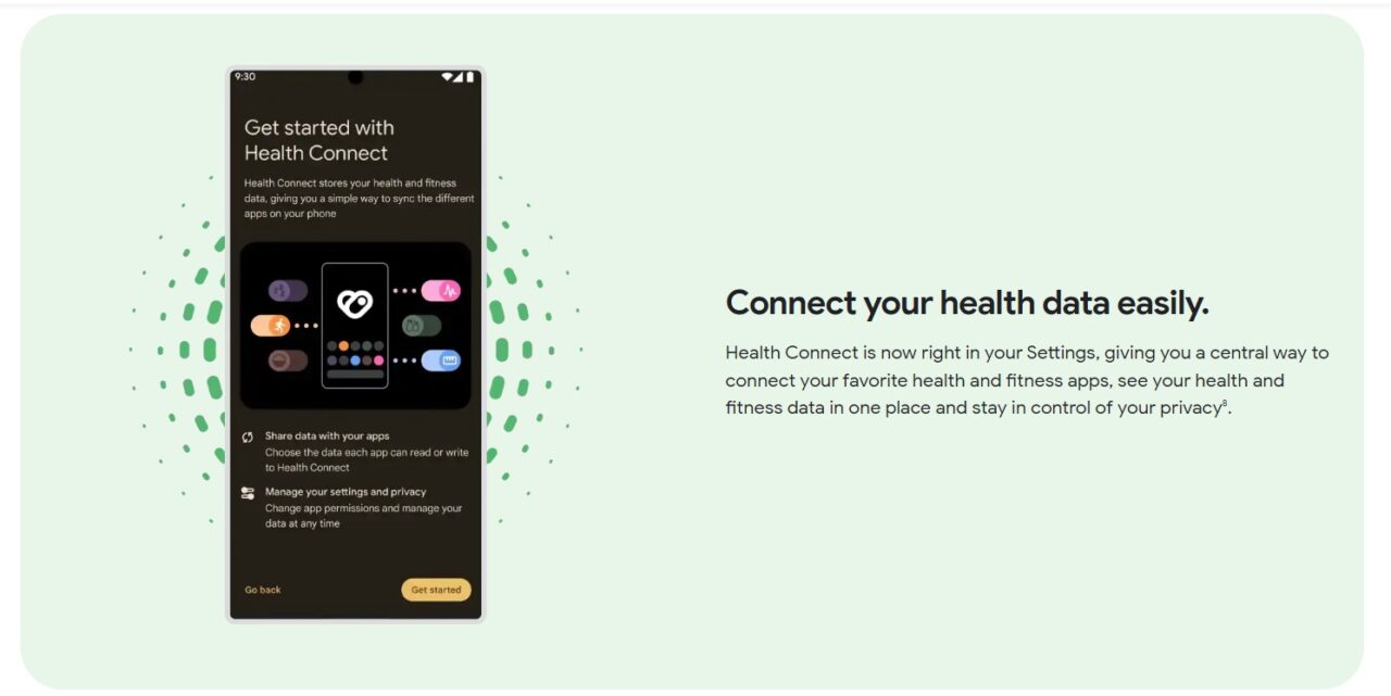 Ekran smartfona prezentujący aplikację Health Connect z informacjami o funkcjach i przyciskiem "Rozpocznij". Po prawej stronie slogan "Łatwo połącz swoje dane zdrowotne".