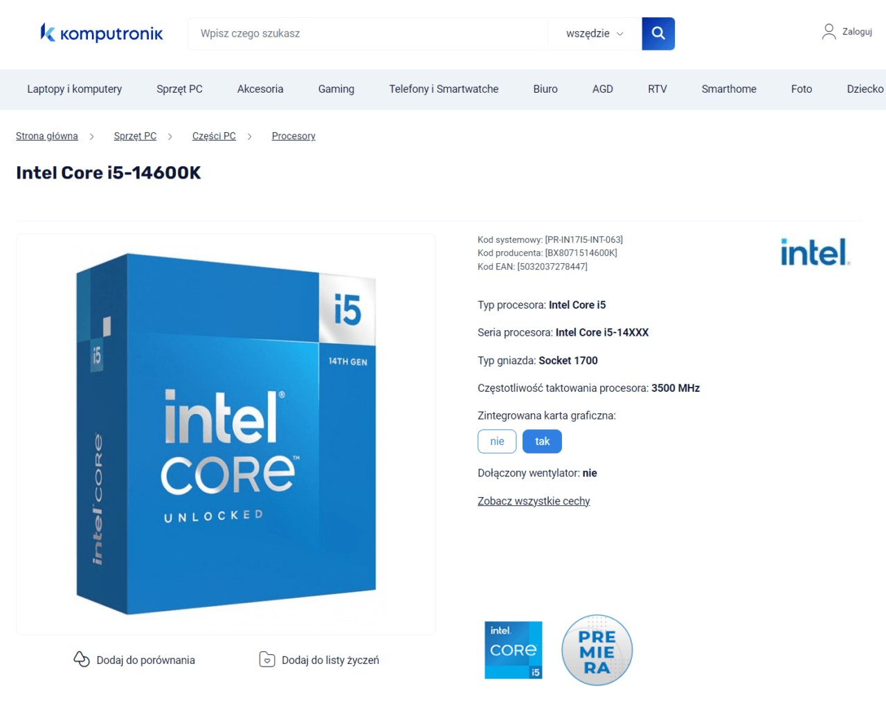 Grafika przedstawiająca ofertę na procesor Intel w sklepie Komputronik