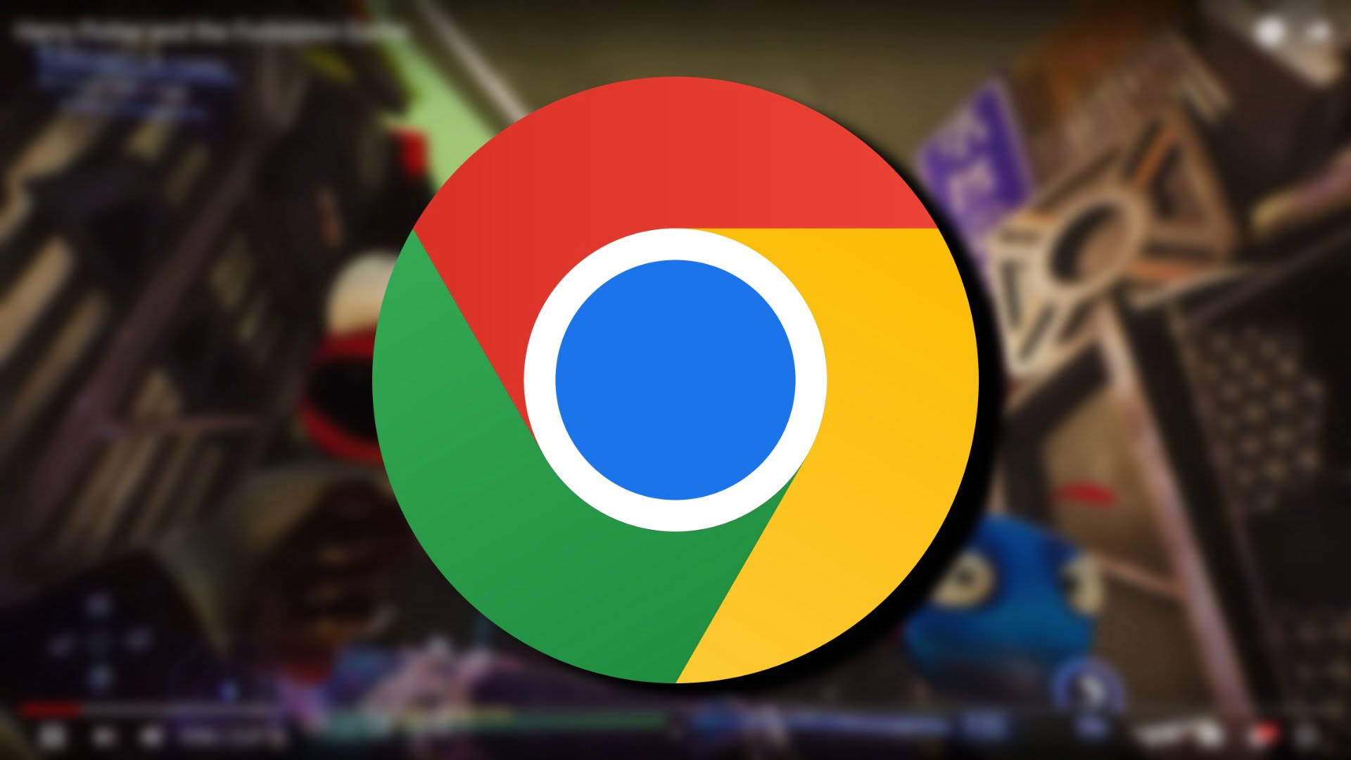 Logo przeglądarki Google Chrome na rozmytym tle z elementami multimedialnymi.