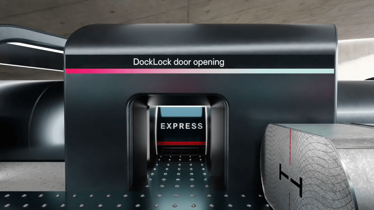 Grafika przedstawiająca zautomatyzowane drzwi systemu Hyperloop Express