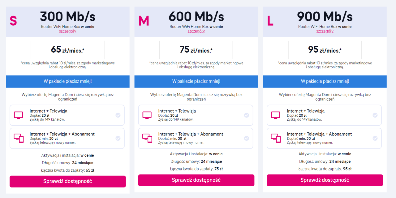 Trzy kolumny z różnymi planami abonamentowymi internetu, przedstawione w kolorach: różowym dla "S", fioletowym dla "M" i czerwonym dla"L". Każda kolumna zawiera informacje o prędkości internetu (300 Mb/s, 600 Mb/s, 900 Mb/s), cenie abonamentu miesięcznego z routerem WiFi oraz opcje pakietów z telewizją i abonamentem telefonicznym. Na dole znajdują się przyciski "Sprawdź dostępność".