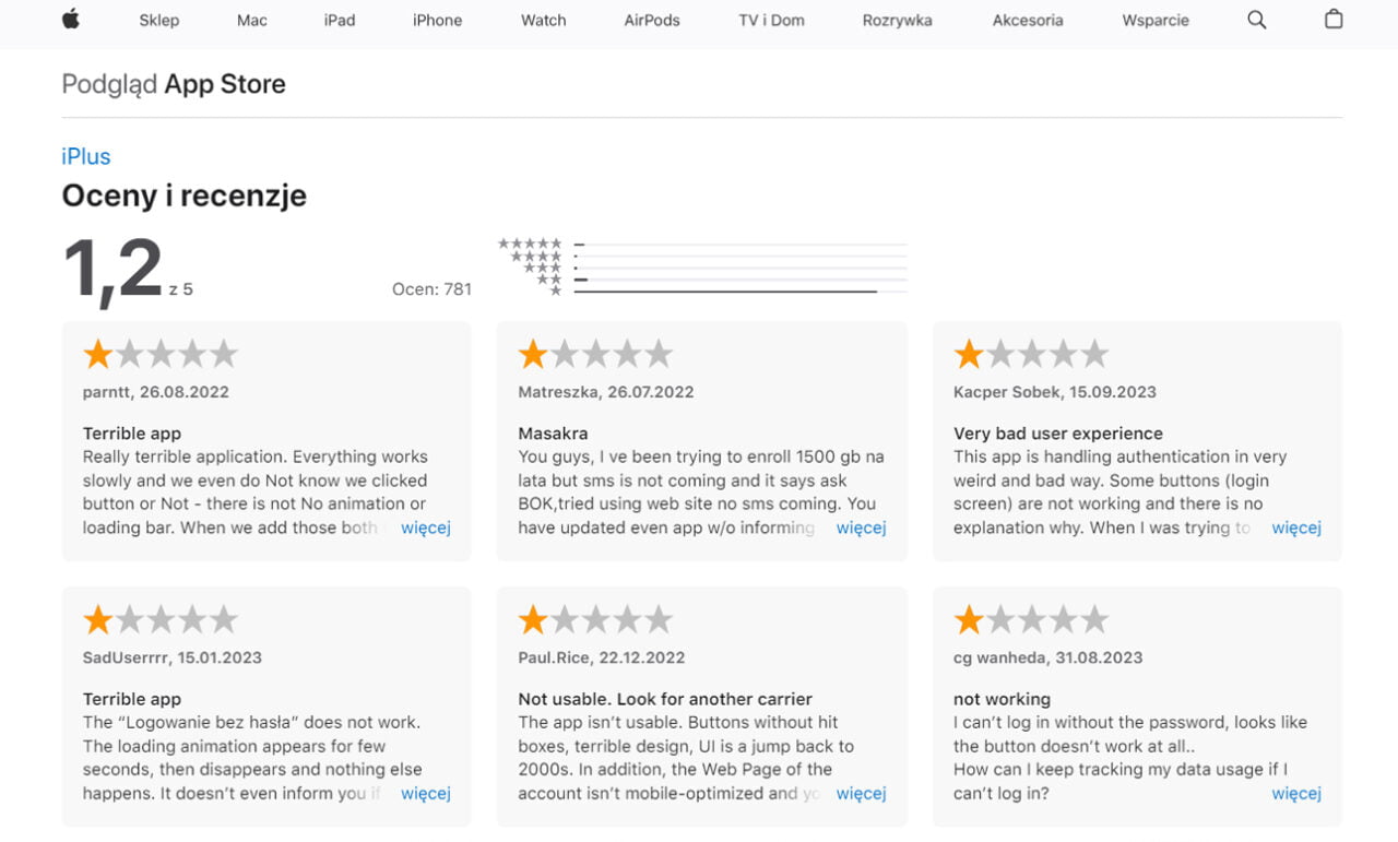 opinie o aplikacji Plus z Apple App Store 