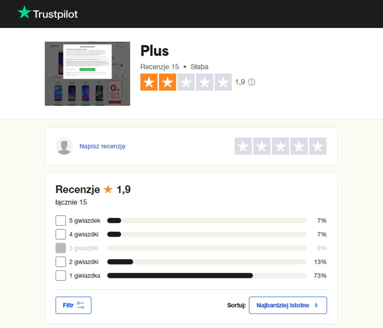 opinie o Plus ze strony Trustpilot i ogólna ocena