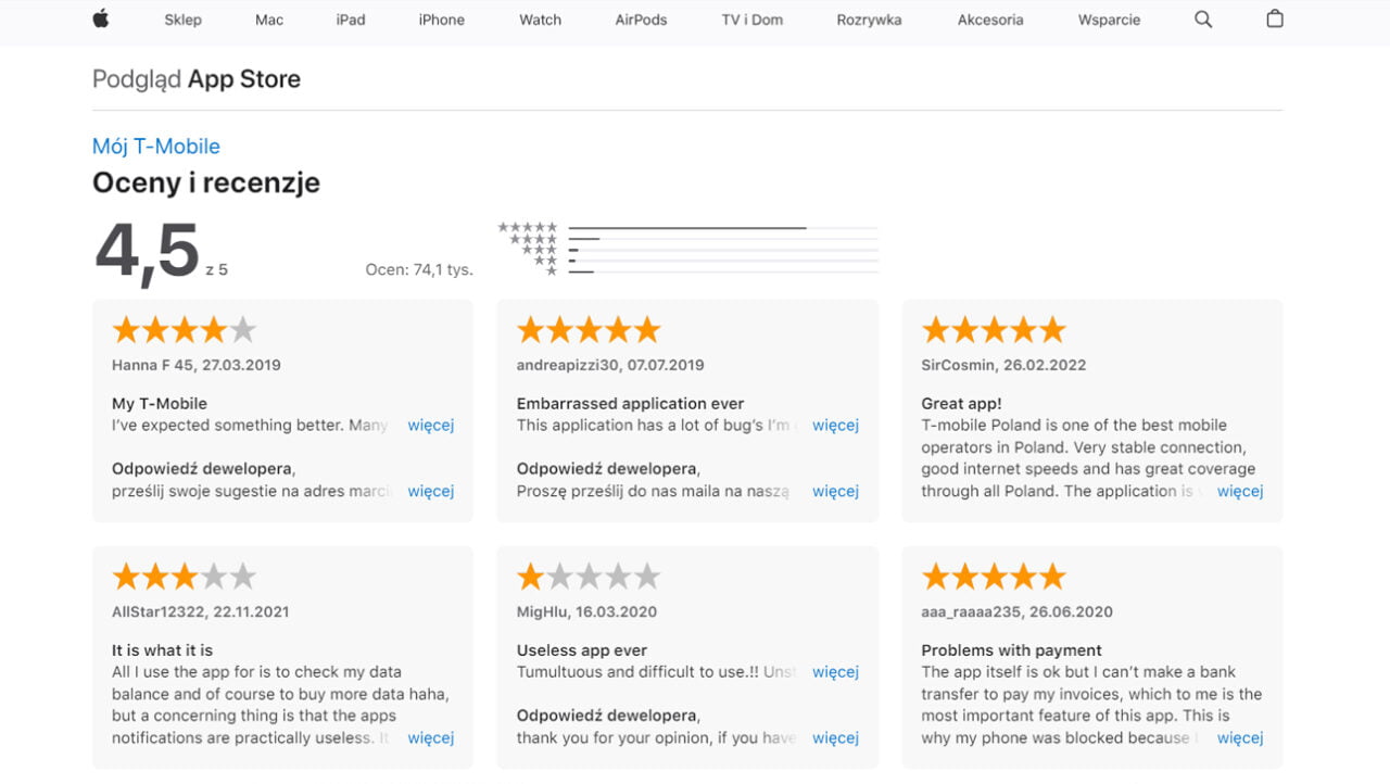 opinie o T-Mobile w aplikacji Apple App Store 
