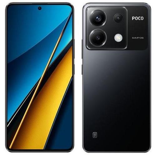 Przedni i tylny widok smartfona POCO z czarną obudową; ekran z wyświetlanym obrazem w odcieniach niebieskiego i żółtego oraz tył z potrójnym aparatem fotograficznym i logo marki.