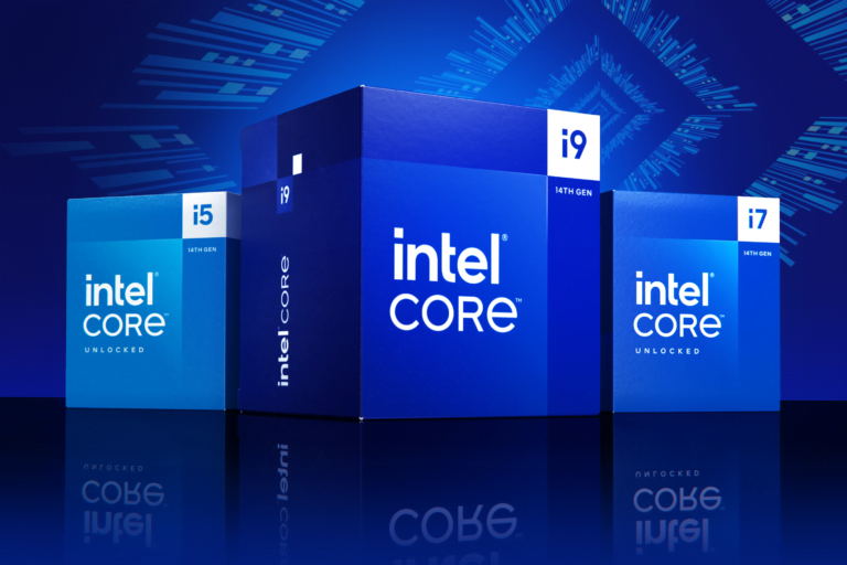 Pudełka procesorów Intel Core i9, i7 i i5 na niebieskim tle