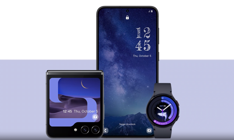Smartfony Samsung Galaxy oraz Galaxy Watch prezentujące tapetę symbolizującą noc