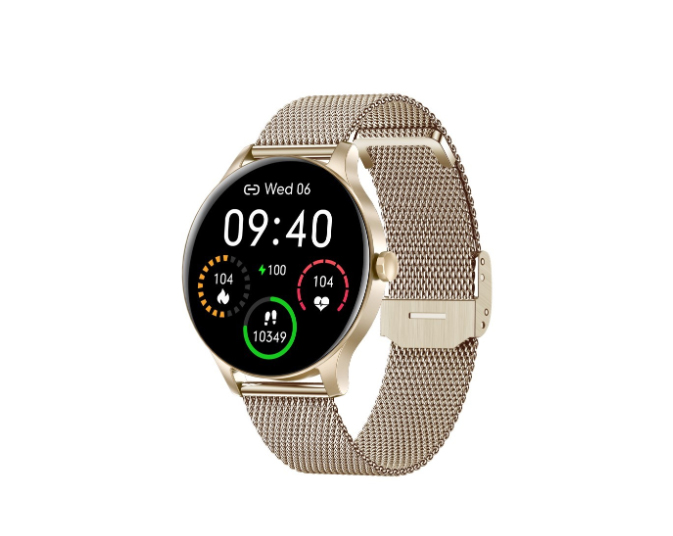 Inteligentny zegarek w złotym kolorze z metalowym, siatkowym paskiem, wyświetlający czas i statystyki zdrowotne na cyfrowej tarczy.