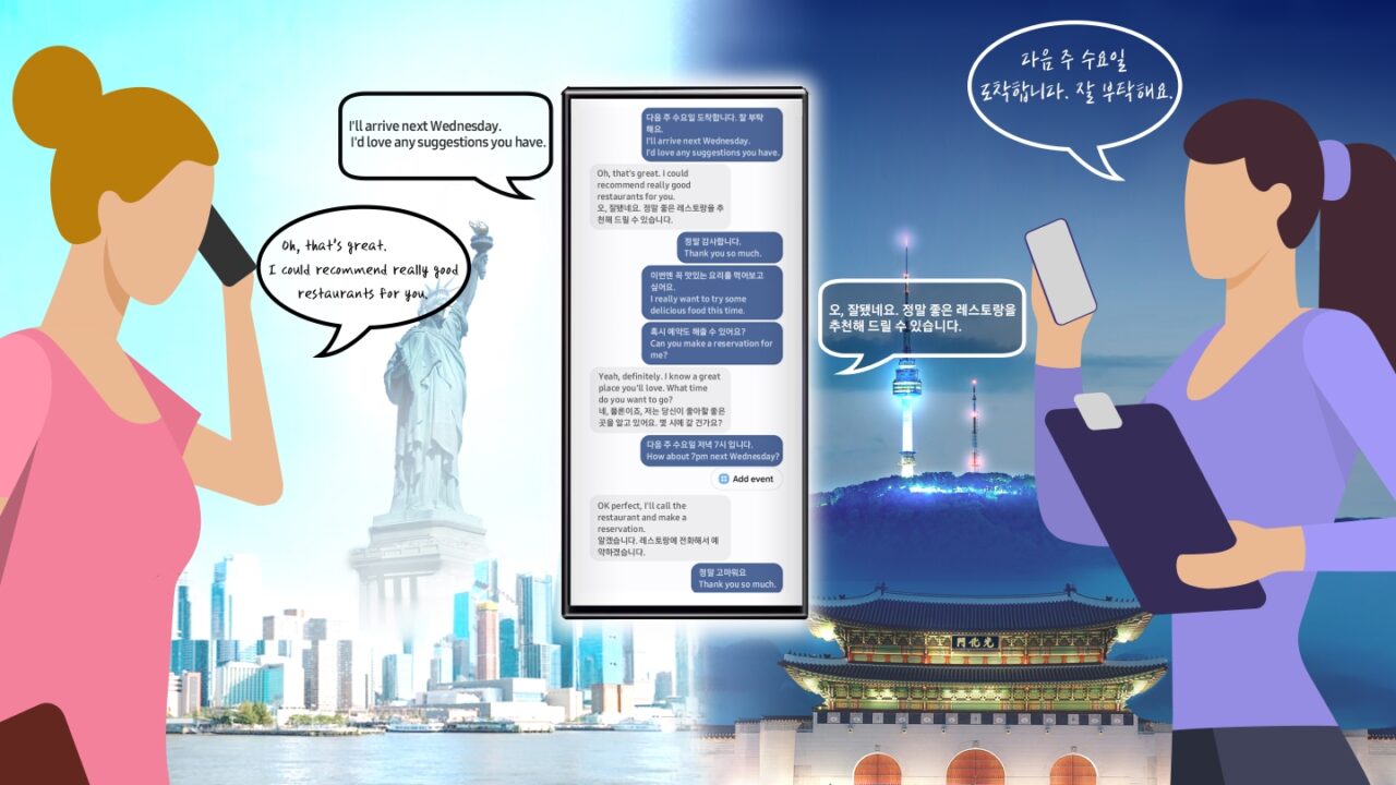Dwie postacie komiksowe rozmawiają przez komunikatory ze sobą za pomocą Galaxy AI