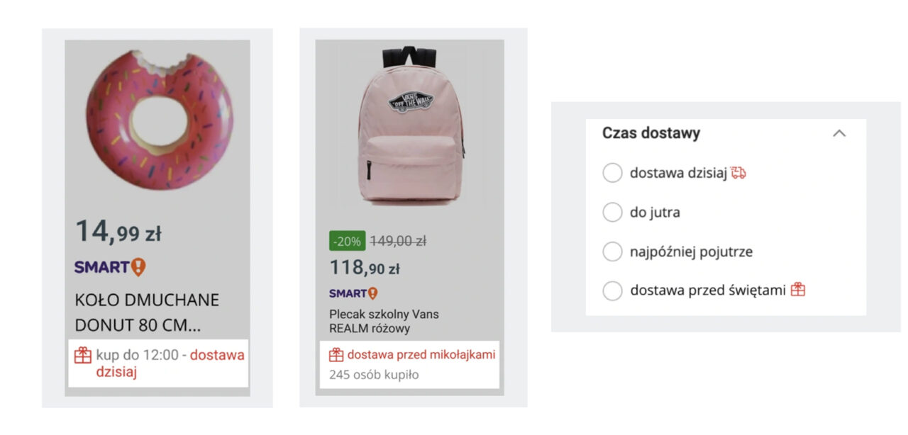Strona internetowa pokazująca trzy oferty produktów: nadmuchiwane koło w kształcie pączka, różowy plecak szkolny Vans i opcje dostawy z możliwością wyboru terminu.
