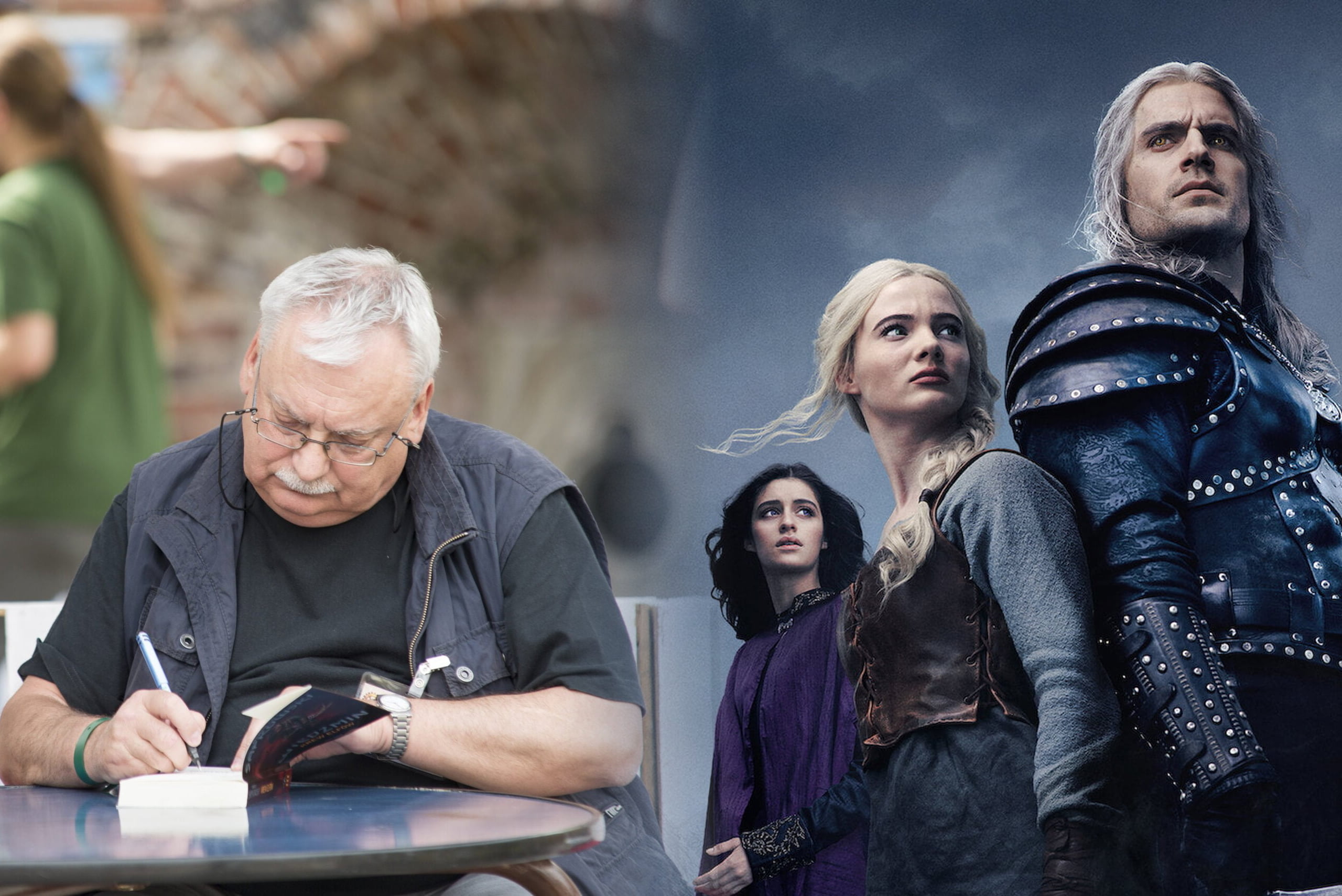 Andrzej Sapkowski podpisujący ksiażki i bohaterowie serialu Wiedźmin od Netflix