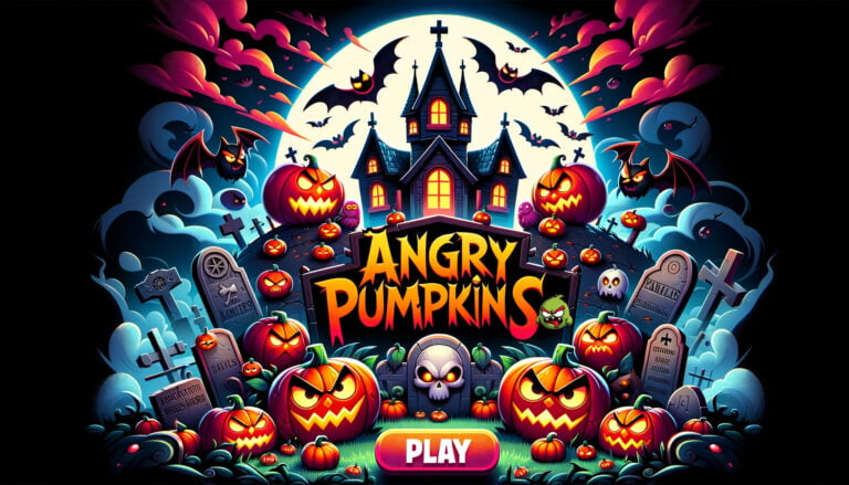 grafika prezentująca dynie, nawiedzony dom i zachęcająca do gry Angry Pumpkins