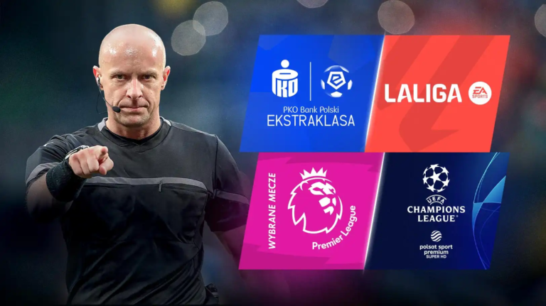 Grafika promocyjna Canal+ Sport, na której widać Szymona Marciniaka oraz logotypy czterech rozgrywek sportowych - Ekstraklasy, Premier League, La Liga oraz Ligi Mistrzów