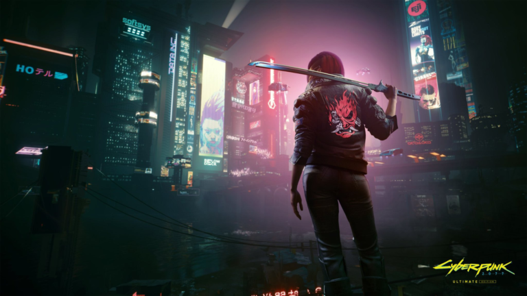 Zdjęcie postaci trzymającej katanę i patrzącej na neonowe światła miejskiej dżungli nocą, z reklamami i wysokimi budynkami w tle, związane z grą Cyberpunk 2077 Ultimate Edition