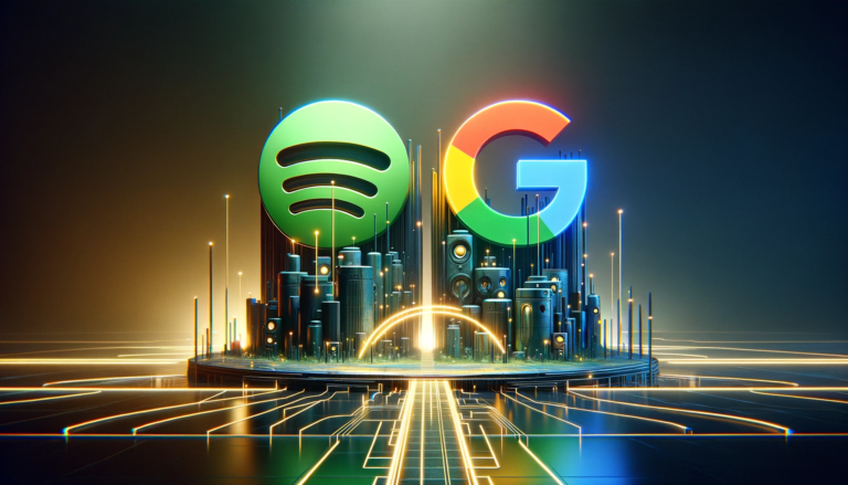 Obraz przedstawia futurystyczną scenę symbolizującą współpracę między Spotify a Google. Na pierwszym planie znajdują się dwie duże, abstrakcyjne struktury, jedna reprezentująca Spotify, z wyraźnym zielonym kolorem i wzorem fali dźwiękowej, druga symbolizująca Google z jego kolorowym logo i nowoczesnym stylem. Struktury są połączone świetlistym mostem lub ścieżką, wskazując na partnerstwo i łączność