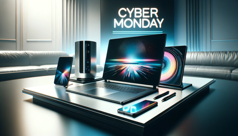 Nowoczesne urządzenia elektroniczne, w tym laptop, smartfon i tablet z efektami świetlnymi na ekranach, ustawione na biurku w stylowym wnętrzu z neonowym napisem "CYBER MONDAY" w tle.