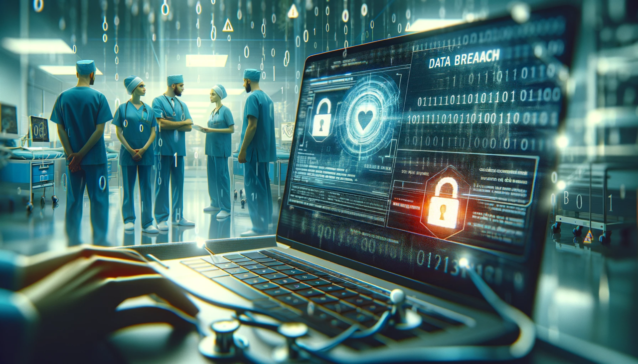 Zespół lekarzy w szpitalnym środowisku dyskutuje obok otwartego laptopa z grafikami dotyczącymi naruszenia danych i symbolami cyberbezpieczeństwa.