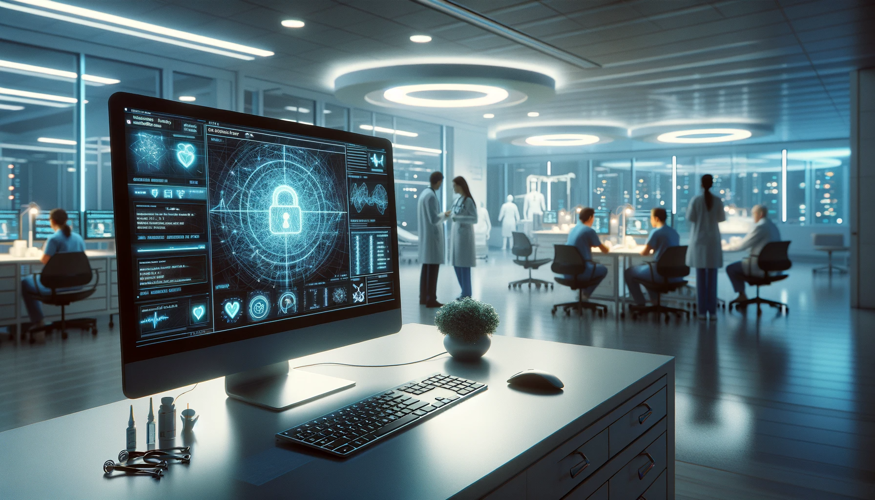 Przyszłościowy wygląd centrum monitoringu zdrowia z monitorem wyświetlającym interfejs bezpieczeństwa cyfrowego, w tle personel medyczny analizujący dane, również podatny na ataki ransomware.