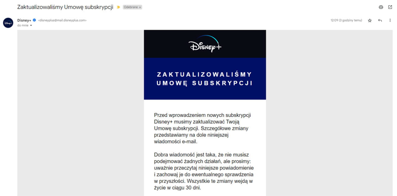 screen ze skrzynki pocztowej pokazujący fragment wiadomości przesyłanej przez Disney+