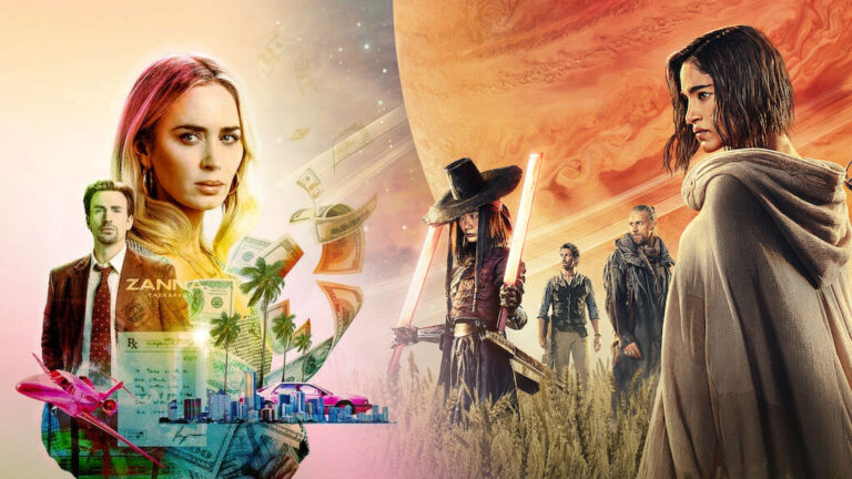 Kolaż graficzny przedstawiający połączenie motywów miejskich i science fiction z postaciami. Po lewej kobieca postać z różowymi pasemkami, w tle miasto, pieniądze i różowy samolot. Po prawej postacie w kostiumach z gatunku fantasy/sci-fi na tle marsjańskiego krajobrazu.