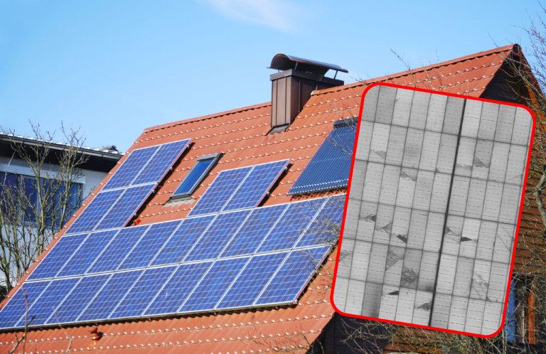 Dach z panelami fotowoltaicznymi, w ramce po prawej stronie zdjęcie mikropęknięć w panelach pochodzące z raportu.