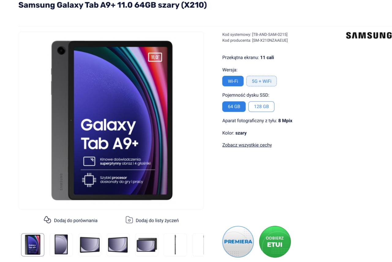 Zdjęcie przedstawia szary tablet Samsung Galaxy Tab A9+ z 11-calowym ekranem, na ekranie widoczne są informacje o produkcie, w tle strona internetowa z danymi technicznymi, w tym wersja Wi-Fi, pojemność dysku 64 GB oraz 8 Mpix aparat fotograficzny.