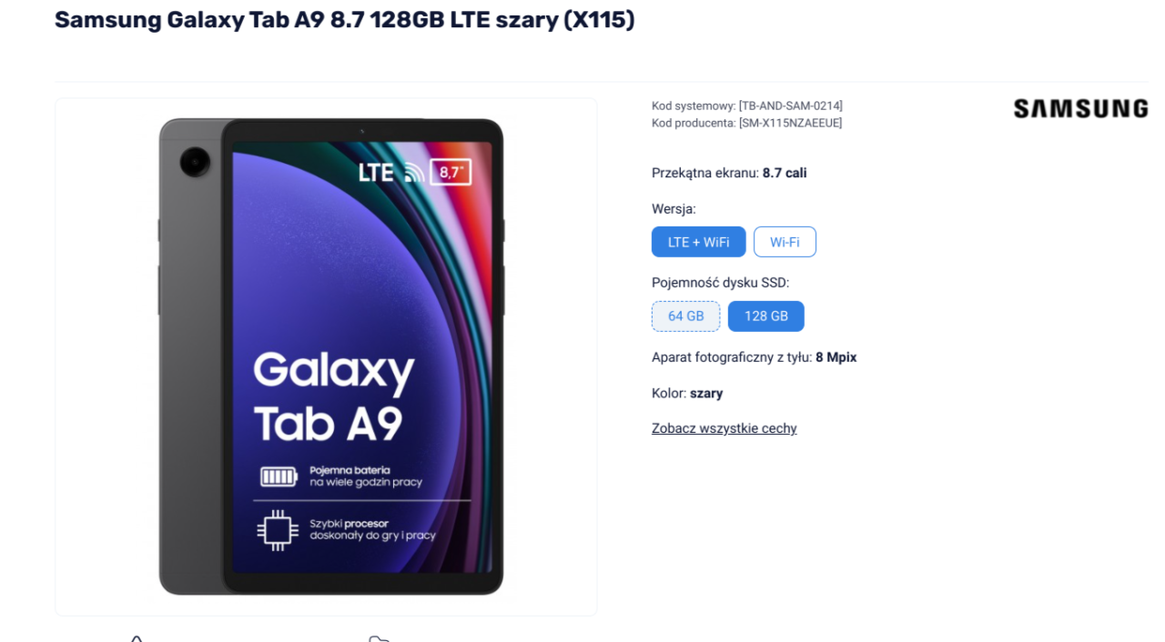 Tablet Samsung Galaxy Tab A9 8.7 128GB LTE w kolorze szarym pokazany z przodu z włączonym ekranem, a po prawej stronie specyfikacje i logo Samsung.