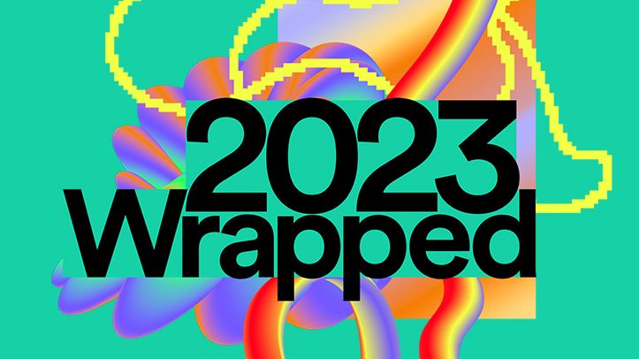 Grafika z napisem "2023 Wrapped" na abstrakcyjnym, kolorowym tle z geometrycznymi kształtami i wstęgami.