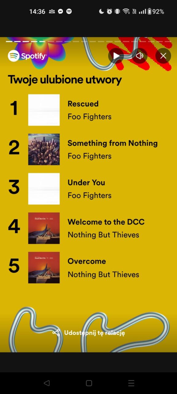 Zrzut ekranu Spotify Wrapped 2023 z aplikacji Spotify przedstawiający listę ulubionych utworów użytkownika z zespołów Foo Fighters i Nothing But Thieves.