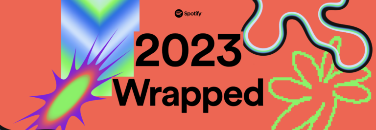 Promocyjna grafika Spotify "2023 Wrapped" z abstrakcyjnymi kształtami i wzorami na czerwonym tle.