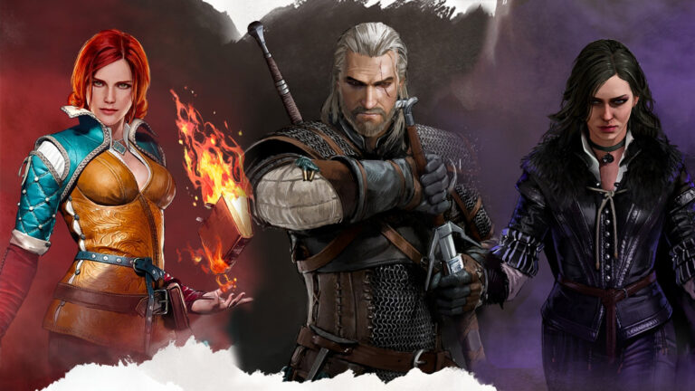 grafika przedstawiająca bohaterów Wiedźmin: Ścieżka przeznaczenia. Od lewej Tris, Geralt i Yennefer