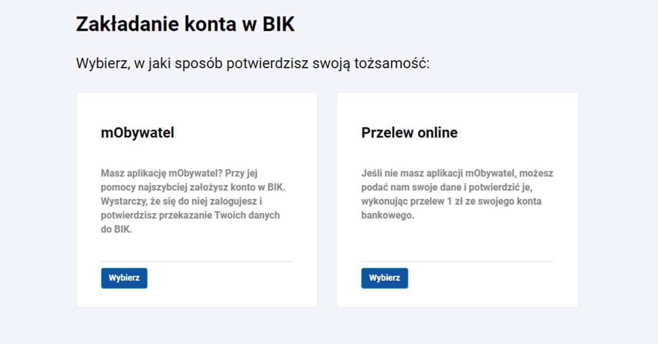 instrukcja jak założyć konto na BIK ze strony internetowej pokazująca dwa warianty