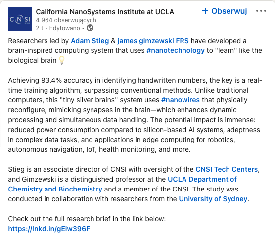 Zrzut ekranu z artykułu na LinkedIn, przedstawiający informacje na temat systemu komputerowego inspirowanego ludzkim mózgiem, rozwijanego w California NanoSystems Institute at UCLA, w który używana jest nanosieć.