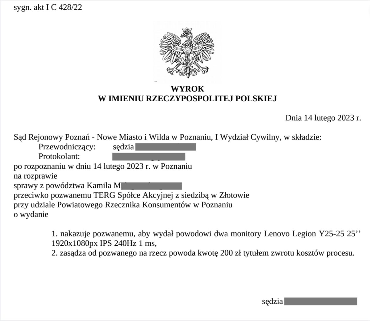 Dokument sądowy, zatytułowany "WYROK W IMIENIU RZECZYPOSPOLITEJ POLSKIEJ", zawierający szczegóły rozstrzygnięcia sądowego wydanego przez Sąd Rejonowy w Poznaniu, z datą 14 lutego 2023 roku, gdzie są częściowo zamazane dane osobowe.