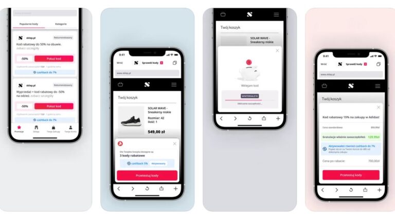 Cztery zrzuty ekranu aplikacji mobilnej pokazującej funkcję kodów rabatowych i koszyka zakupowego z produktem, ceną i możliwością zastosowania kodu rabatowego.
